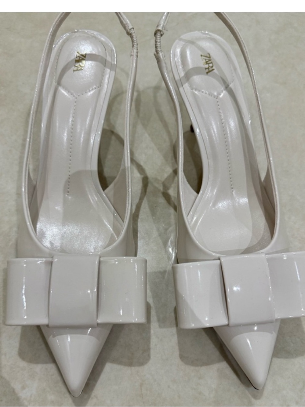 Zara Cream Patent Pointed Slingback Heels with Bow Accent